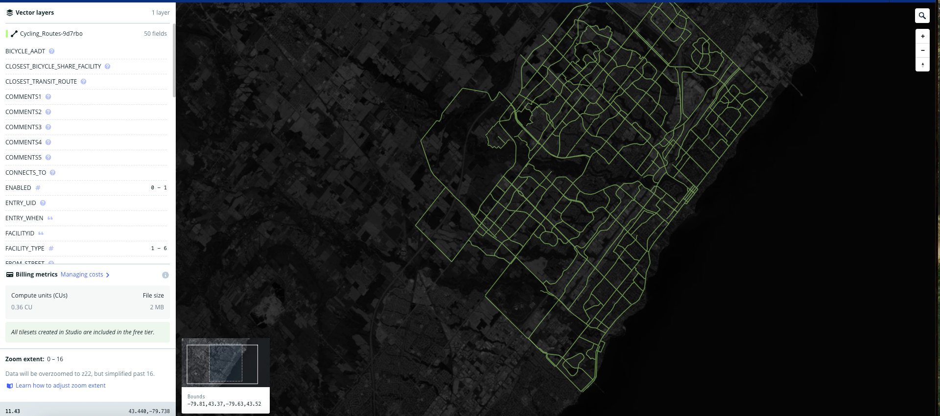 A dark thematic basemap overlays a network of lime-green cycling routes, showing Oakville’s bike-path system mapped through detailed line geometries.